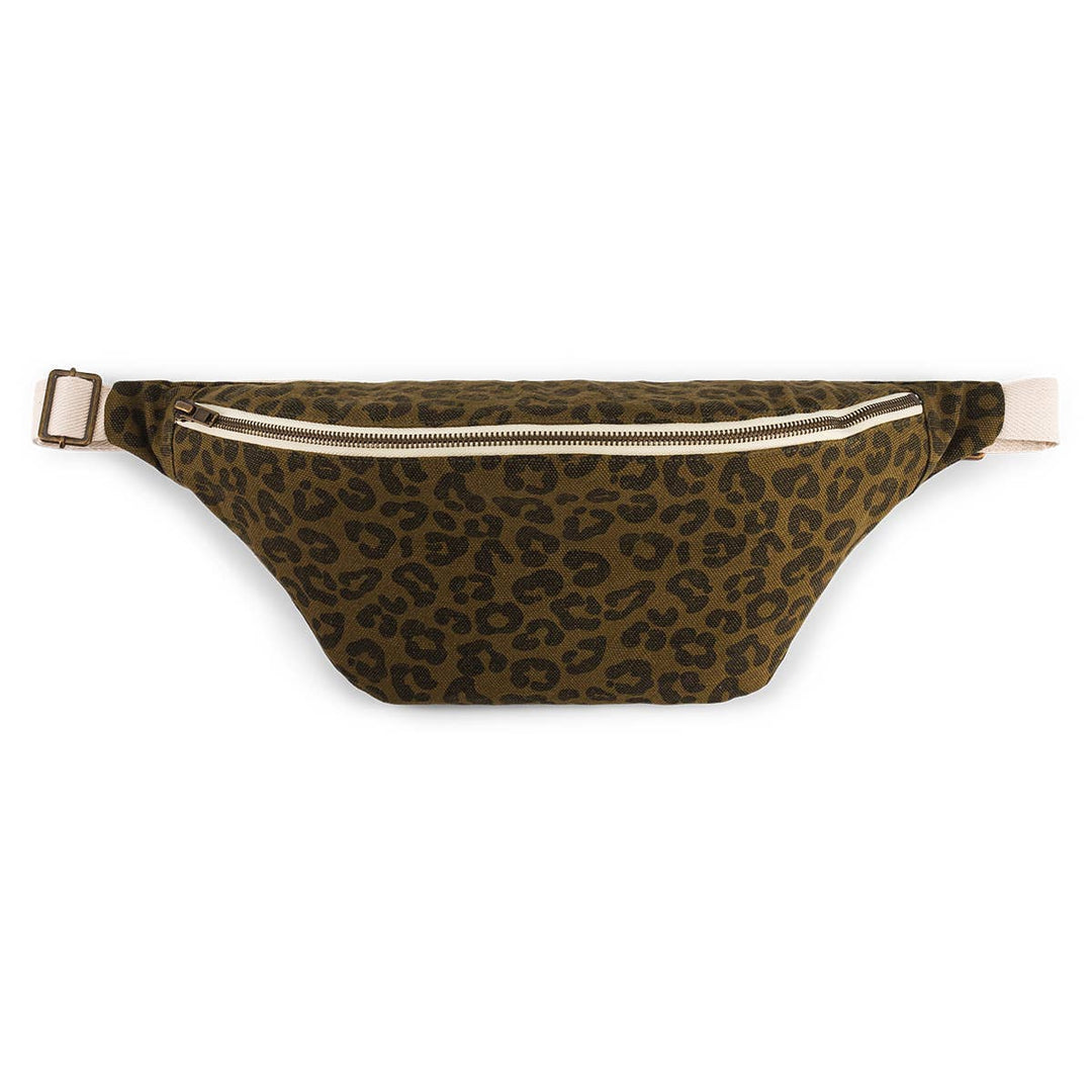 Bum Bag Graou in leopard olive print, versatile shoulder bag, fanny pack, made of 100% cotton, dimensions 32x18x9 cm.