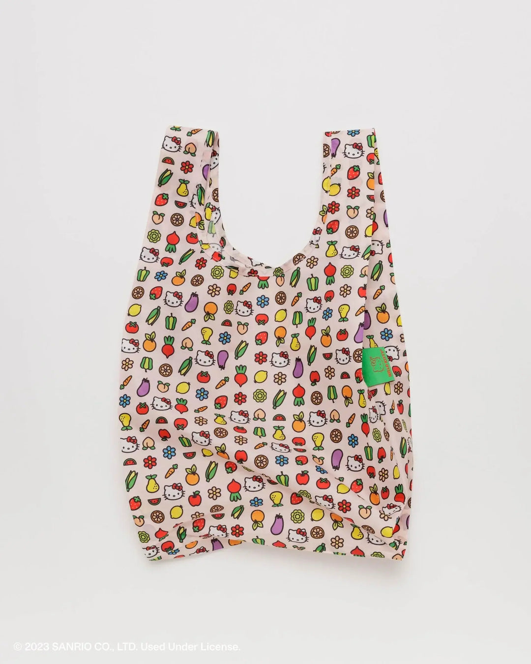 Baby Baggu Hello Kitty Icons reusable shopping bag with colorful Hello Kitty pattern, eco-friendly recycled polyester, folded flat.