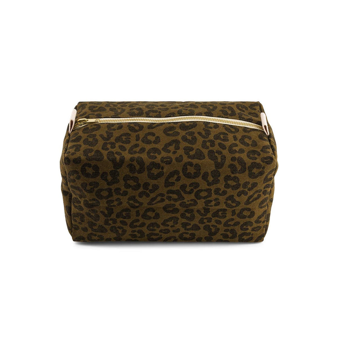 VIC Toiletry Bag in olive leopard print, versatile for makeup and organization, made from 100% cotton in Portugal.