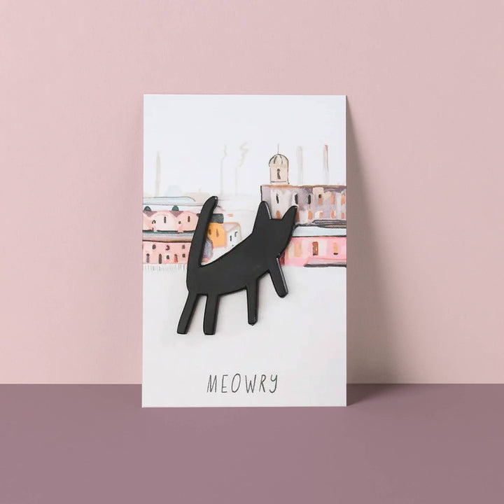 Meowry Matchstick Cat Pin on a pastel background, featuring a playful cat silhouette and artistic scenery.