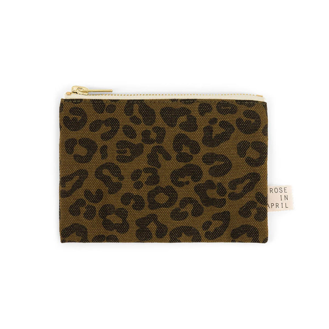 Marie Purse in olive leopard print with a washed effect, perfect for organizing small accessories.