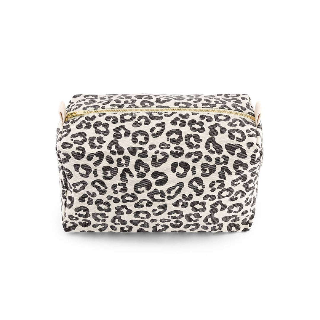 Vic Toiletry Bag in greige leopard print, versatile makeup and organizer bag made from 100% cotton, dimensions 26x13x12 cm.