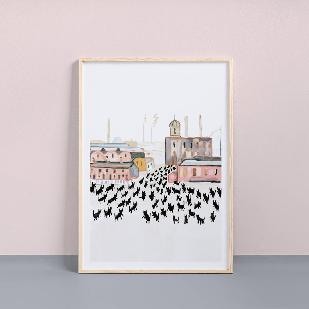 Meowry Cats at Work art print featuring playful cats in a cityscape inspired by L.S. Lowry's artwork.