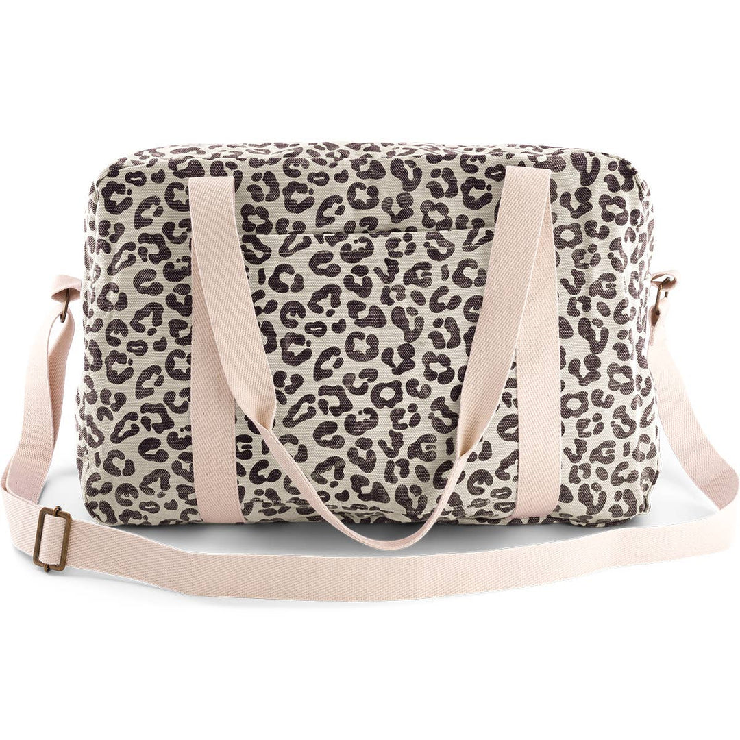 Tote bag in leopard naturel print with detachable shoulder strap and two exterior pockets, ideal for various uses.