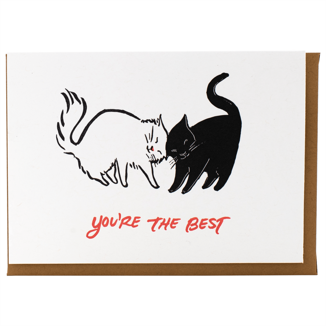 Nuzzling Cats Friendship Card with white and black cats, "You're the Best" text, letterpress printed by E.B. Goodale.