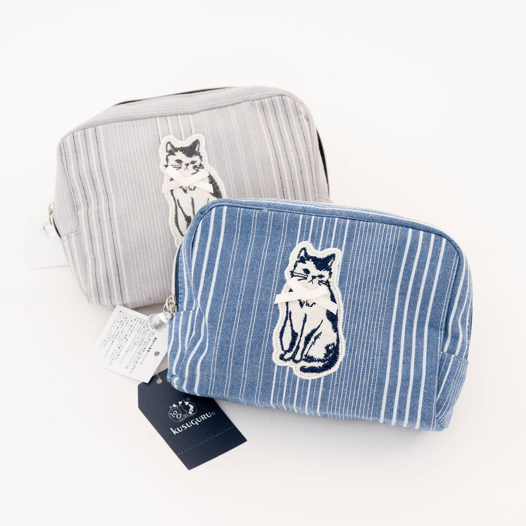 Kusuguru Japan Embroidered "Bowtie Cat" Multi-Dual Zi Pouch