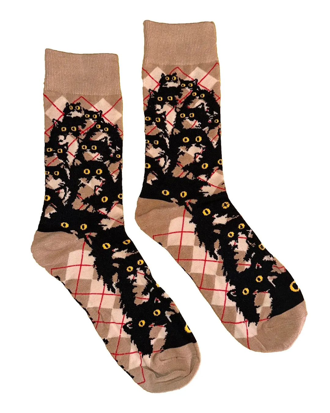 Sand Argyle kitty socks featuring playful cat designs on a stylish argyle pattern, perfect for cat lovers.