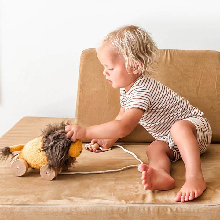 Child playing with pull-along LEO toy lion, encouraging movement and fun, perfect toys for kids.