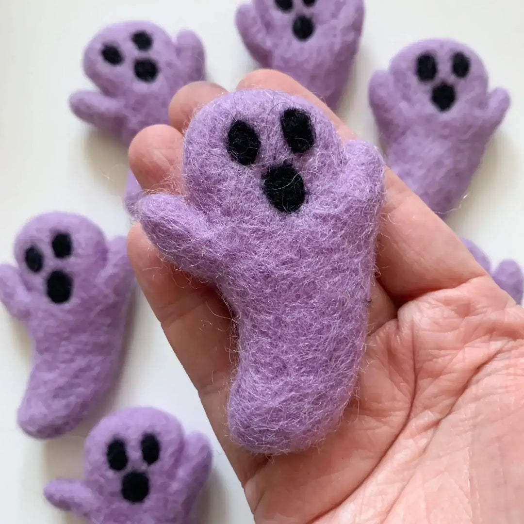 Handmade purple ghost cat toys from the Halloween Cat Toy Bundle, perfect for Halloween-themed fun and crafted by fair trade artisans.