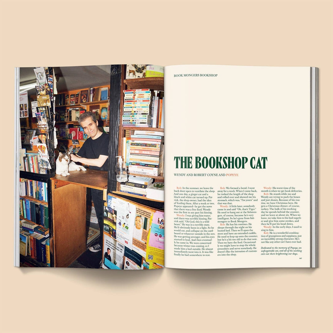 Image of a person and a cat at a bookshop, featuring The Bookshop Cat article in Catnip Magazine: Volume 2.