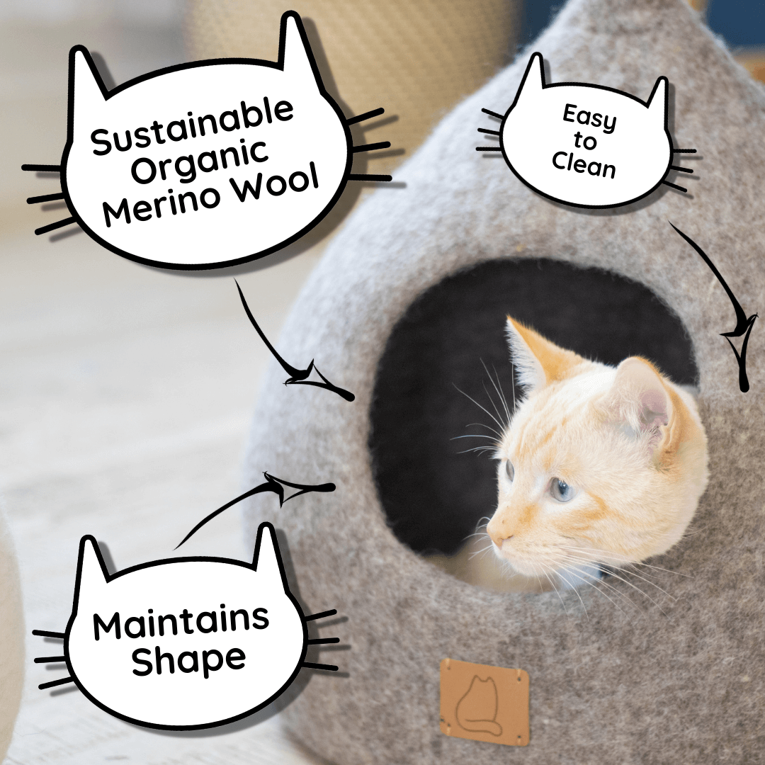 Cat inside a gray felted wool cat cave bed, highlighting features like sustainable merino wool, easy to clean, and maintains shape.