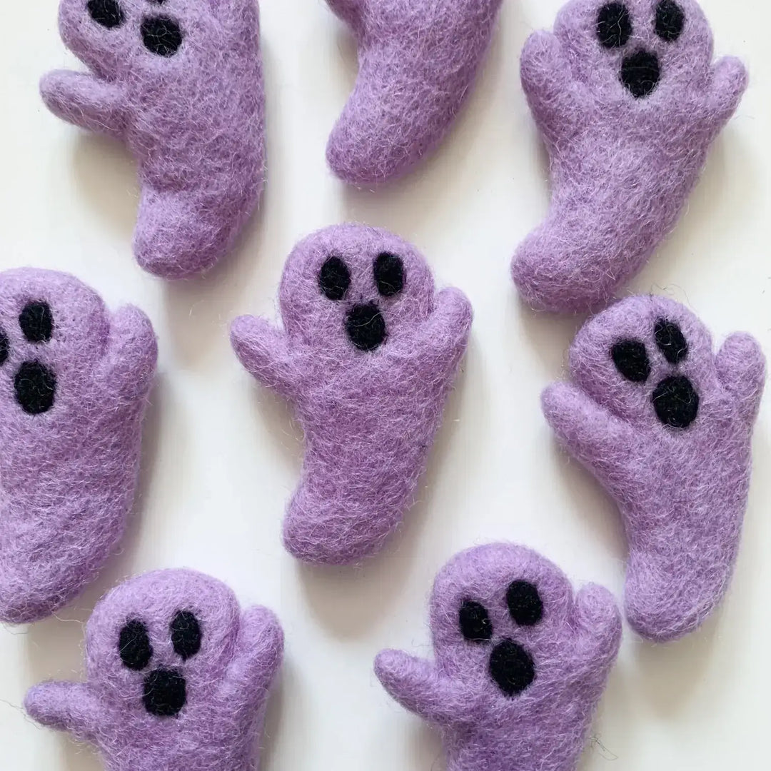 Handmade purple felt ghost cat toys, part of Halloween Cat Toy Bundle from fair trade artisans.