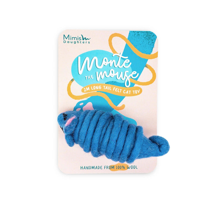 Monte the Mouse 2M long tailed felt cat toy, handmade from 100% wool, features blue color and ideal for feline play.