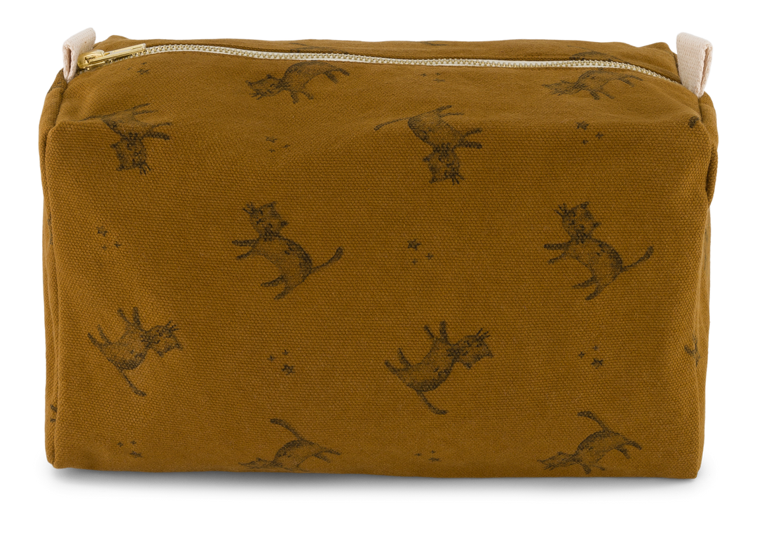 KIDS' TOILETRY BAG VIC in cumin with cat print, perfect for organizing essentials or as a makeup bag.