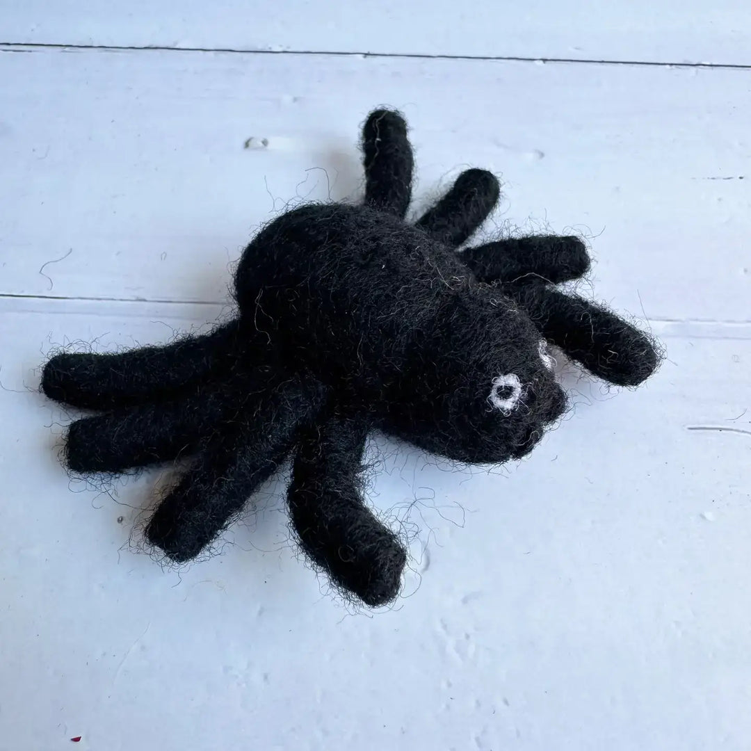 Handmade Halloween spider cat toy from the Halloween Cat Toy Bundle, made with wool and non-azo dyes. Perfect for cat play during Halloween.