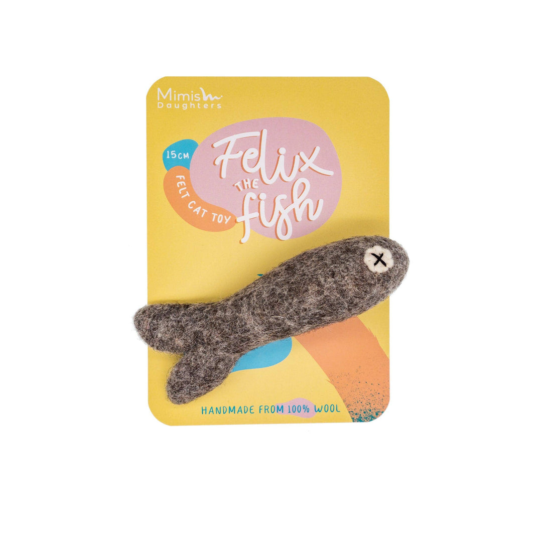 Felix the Fish felt cat toy, handmade from durable felt wool, eco-friendly and ethically sourced, 6 inches long.