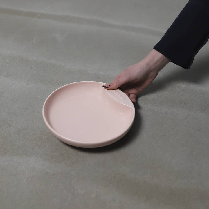 Hand holding a grey Plate cat food bowl made of high-quality porcelain with a shallow, wide design to prevent whisker fatigue.