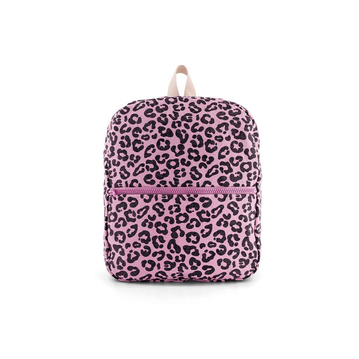 Kids leopard print backpack in bubble pink with one front pocket and durable design.