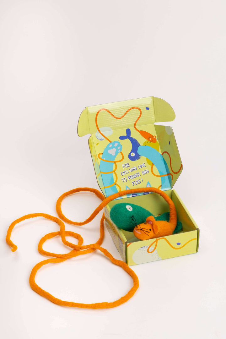 Feline Feast Cat Box with colorful felt toys, including a green fish and orange yarn, designed for playful cats.