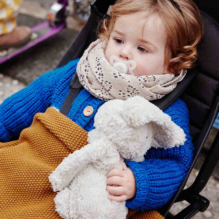 A young child in a stroller wearing a blue sweater and tan blanket, holding a plush bunny toy.