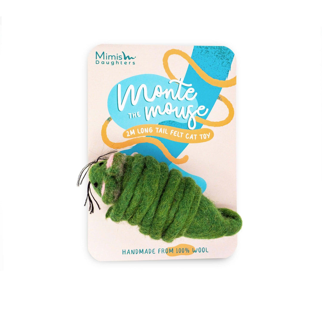 Monte the Mouse 2M long tailed felt cat toy in green, handmade from 100% wool for playful cats.