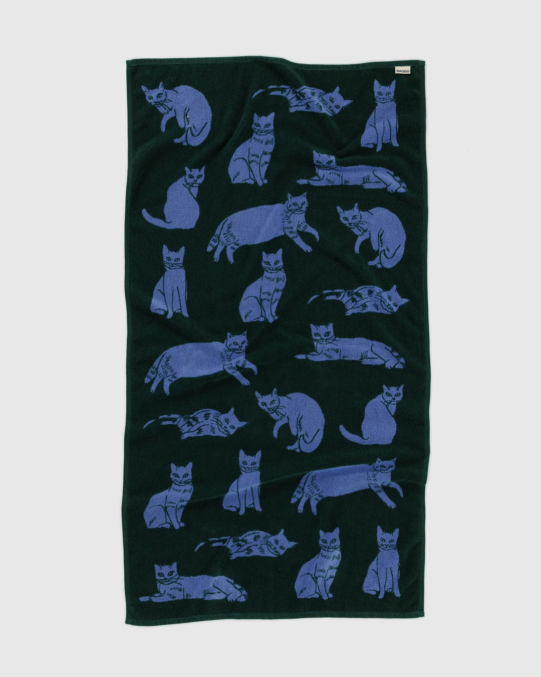 Baggu Bath Towel - Cats, Blue and Dark Green, 100% Organic Cotton, Reversible, Features Cat Design, Measures 60" × 30", Machine Washable