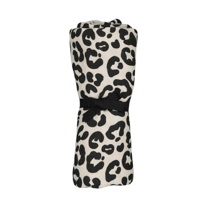 Bianca Swaddle in greige leopard print, 100% cotton muslin, versatile baby blanket, swaddle, and burp cloth.
