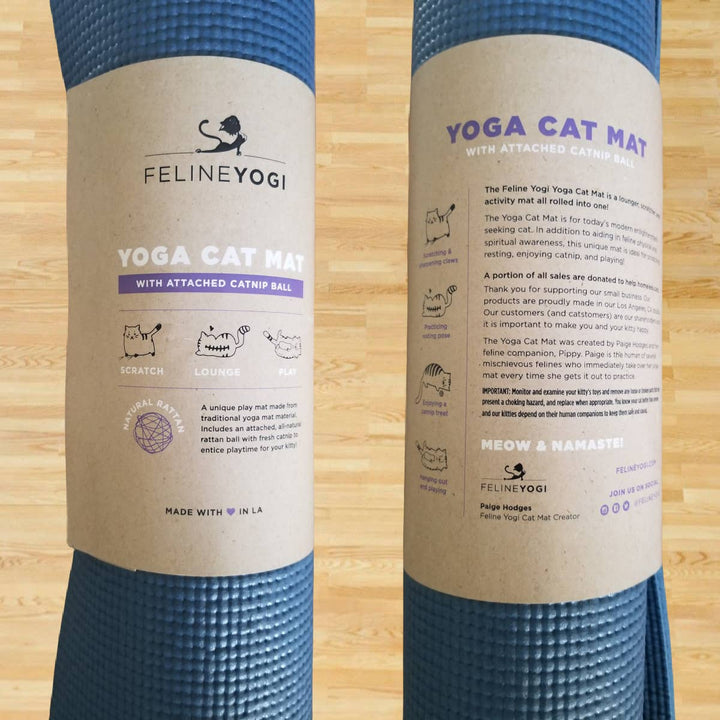 Slate blue yoga cat mat with attached catnip ball, ideal cat scratcher, toy, and bed made in the US.