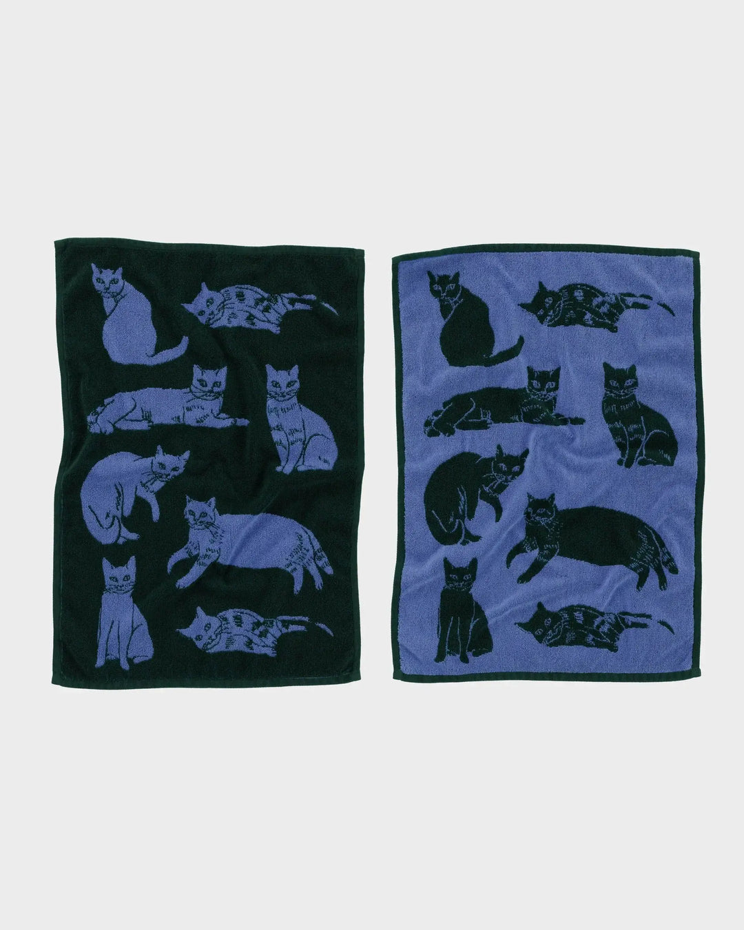 Organic cotton hand towel set of two with cat designs in blue and dark green, each measuring 30" x 20", soft and machine washable