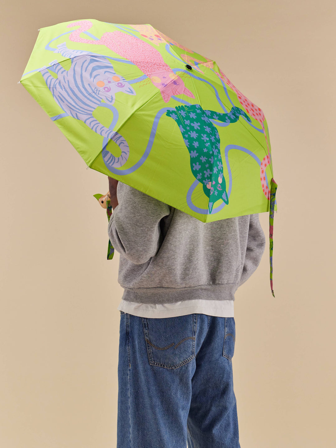 Duck Umbrella - Lime Arty Cats in eco-friendly design with playful cat illustrations.