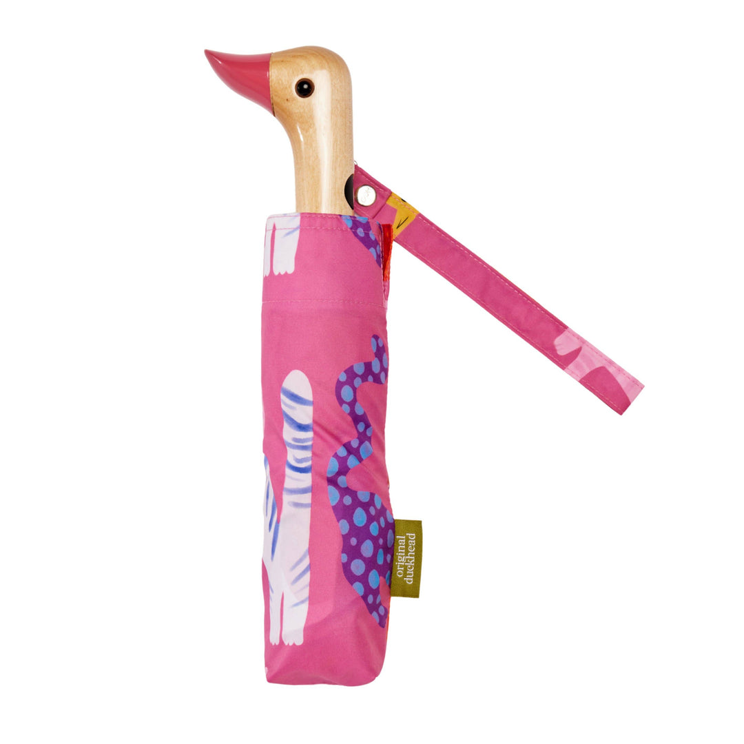 Duck Umbrella - Fuchsia Arty Cats featuring a playful design with a duck-shaped handle and vibrant pink fabric.