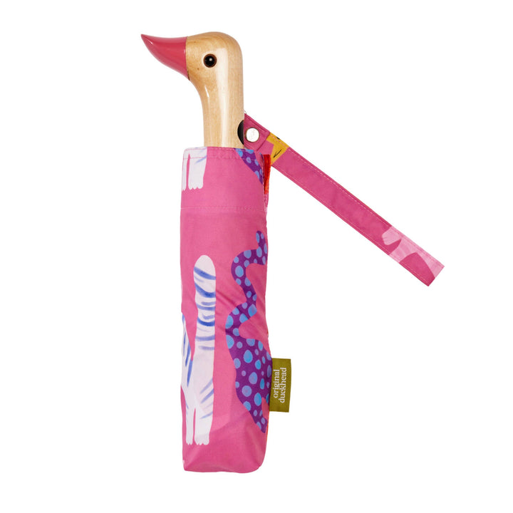 Duck Umbrella - Fuchsia Arty Cats featuring a playful design with a duck-shaped handle and vibrant pink fabric.