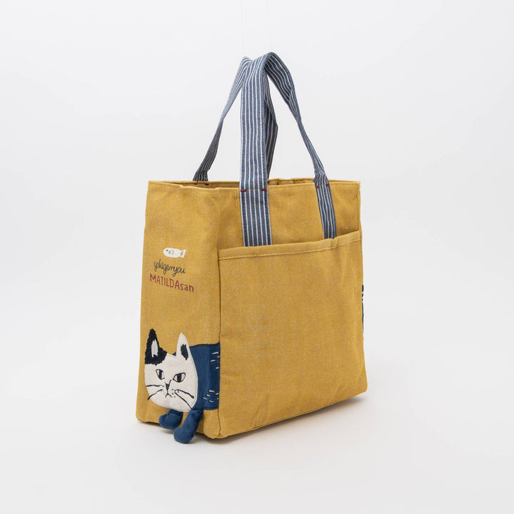 Kusuguru Japan Embroidered Cat Small Tote Bag - Yellow