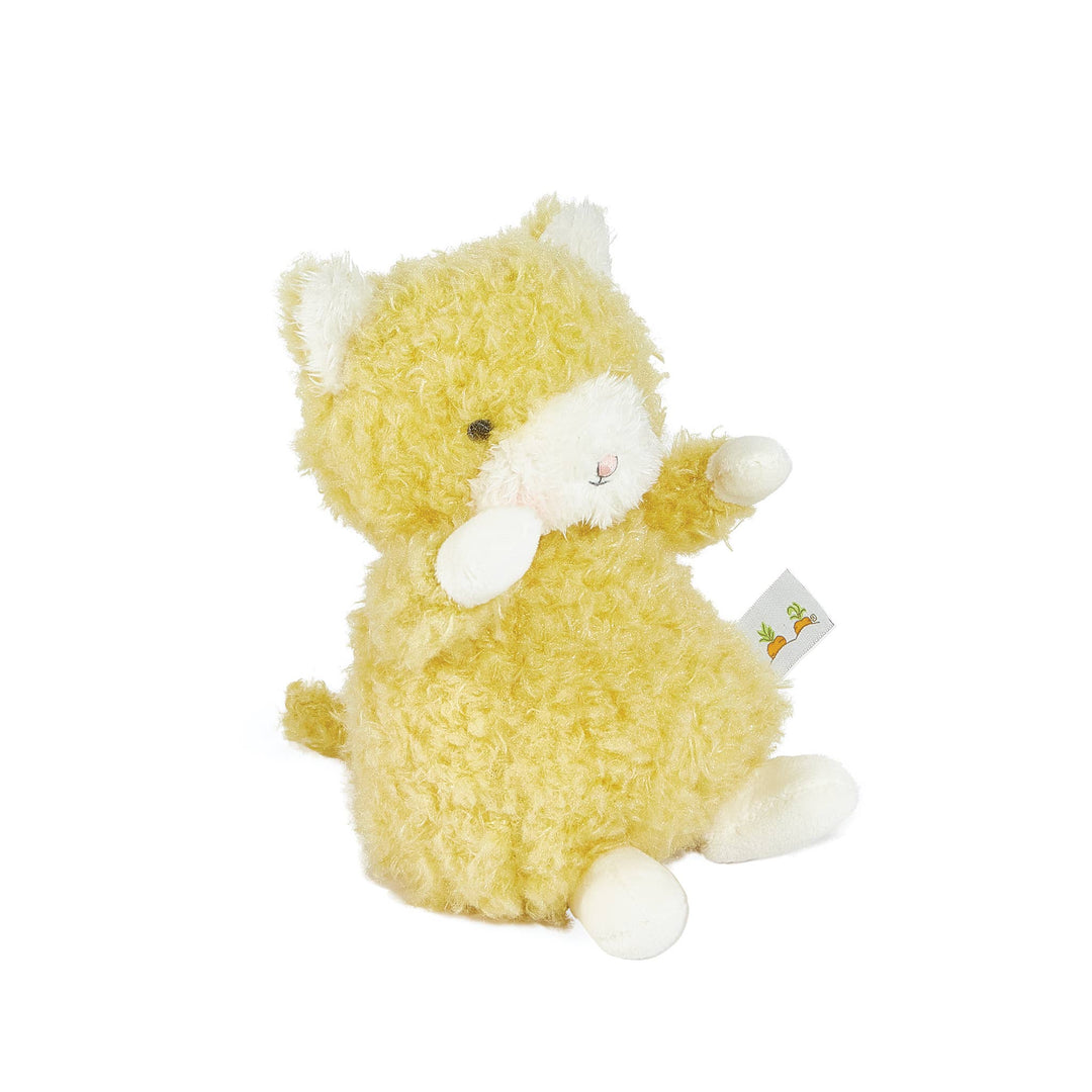 Mustard yellow Wee Alley Cat stuffed animal with scraggly cream muzzle and embroidered features, perfect for cuddling and snuggling, 8 inches tall.