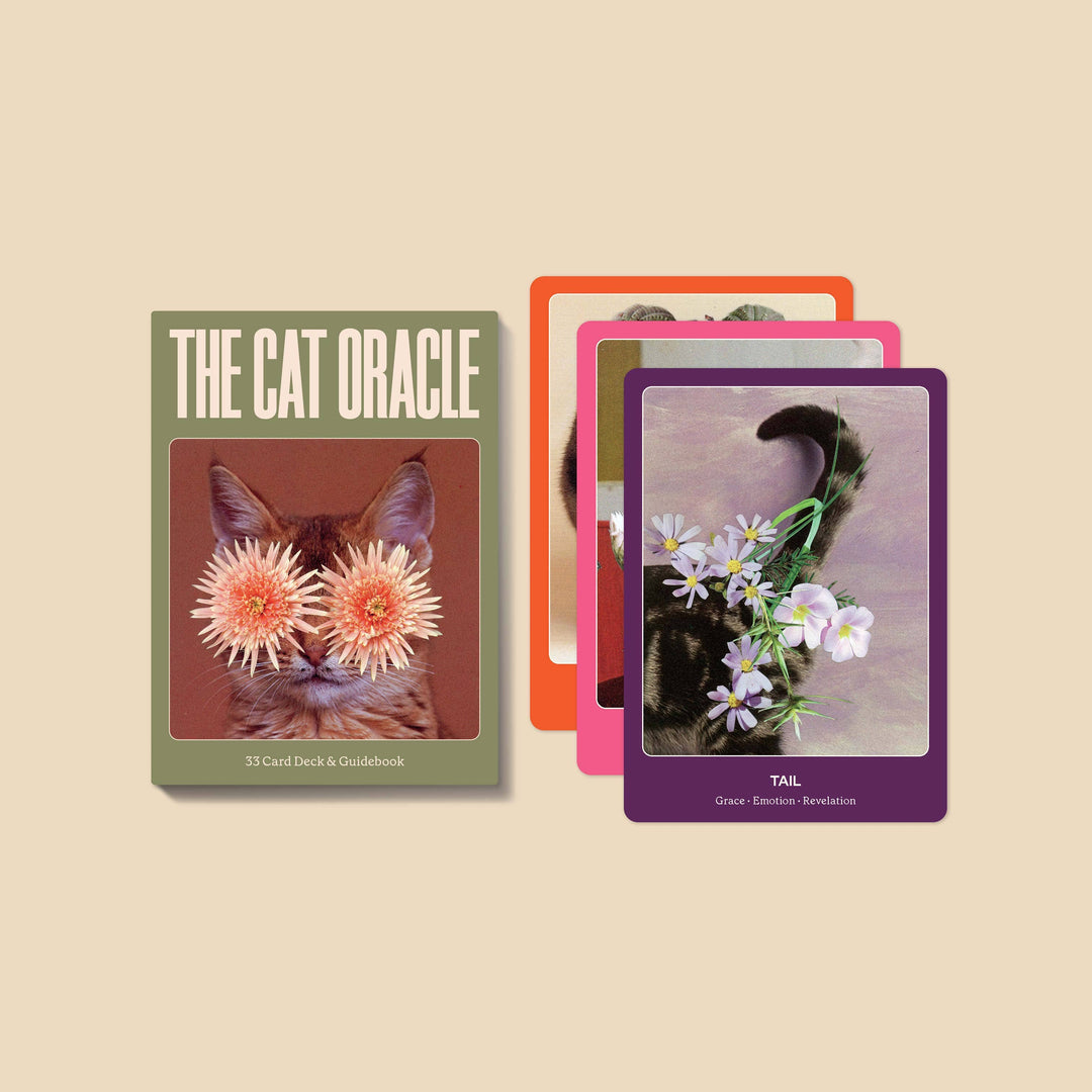 The Cat Oracle: 33 card deck and guidebook featuring animal oracle cards with vibrant floral designs.