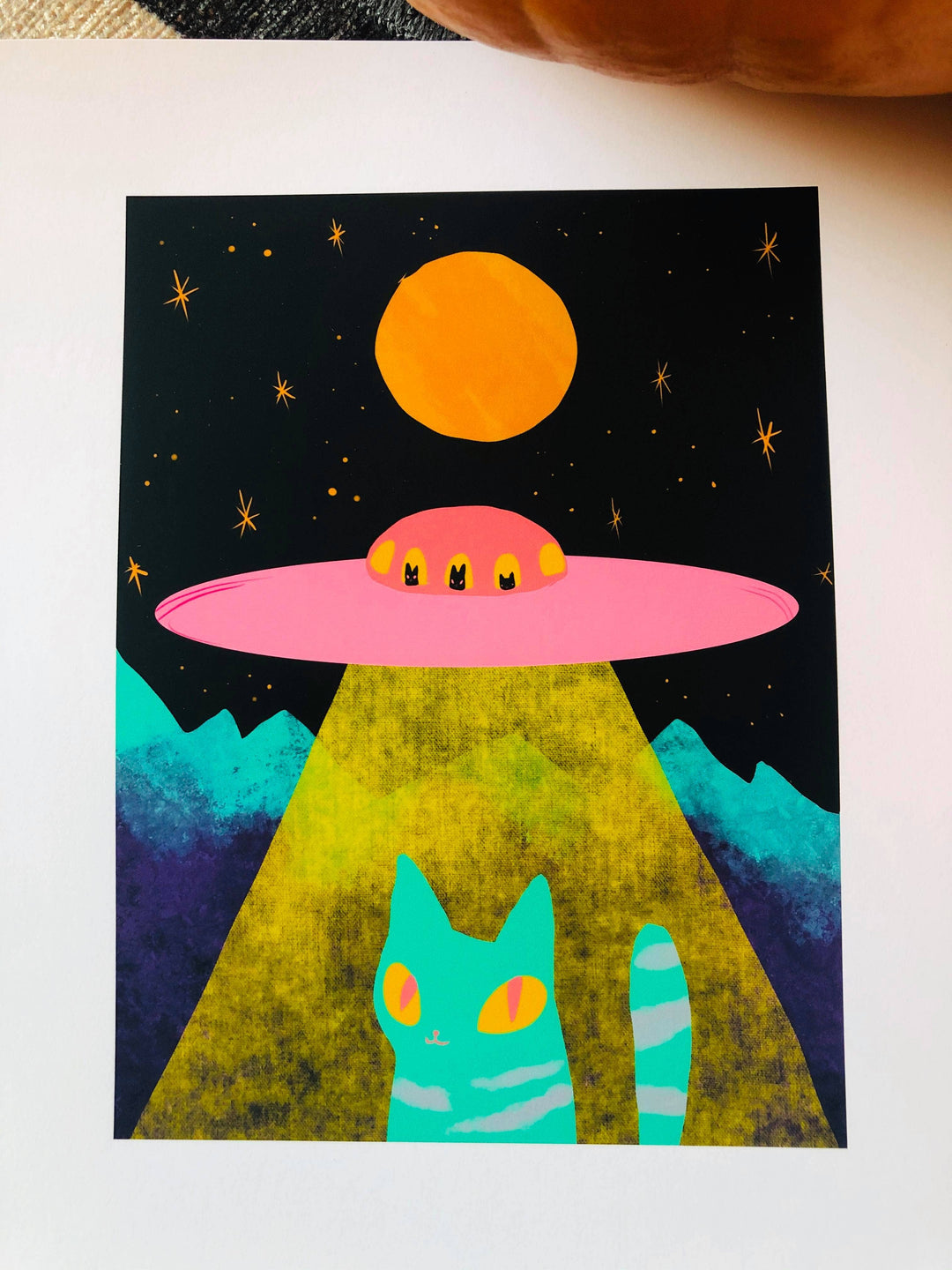 Colorful alien cat art print with UFO beam, ideal cat print gift for cat lovers, cat art, and cat themed gifts, 8x10 matte paper