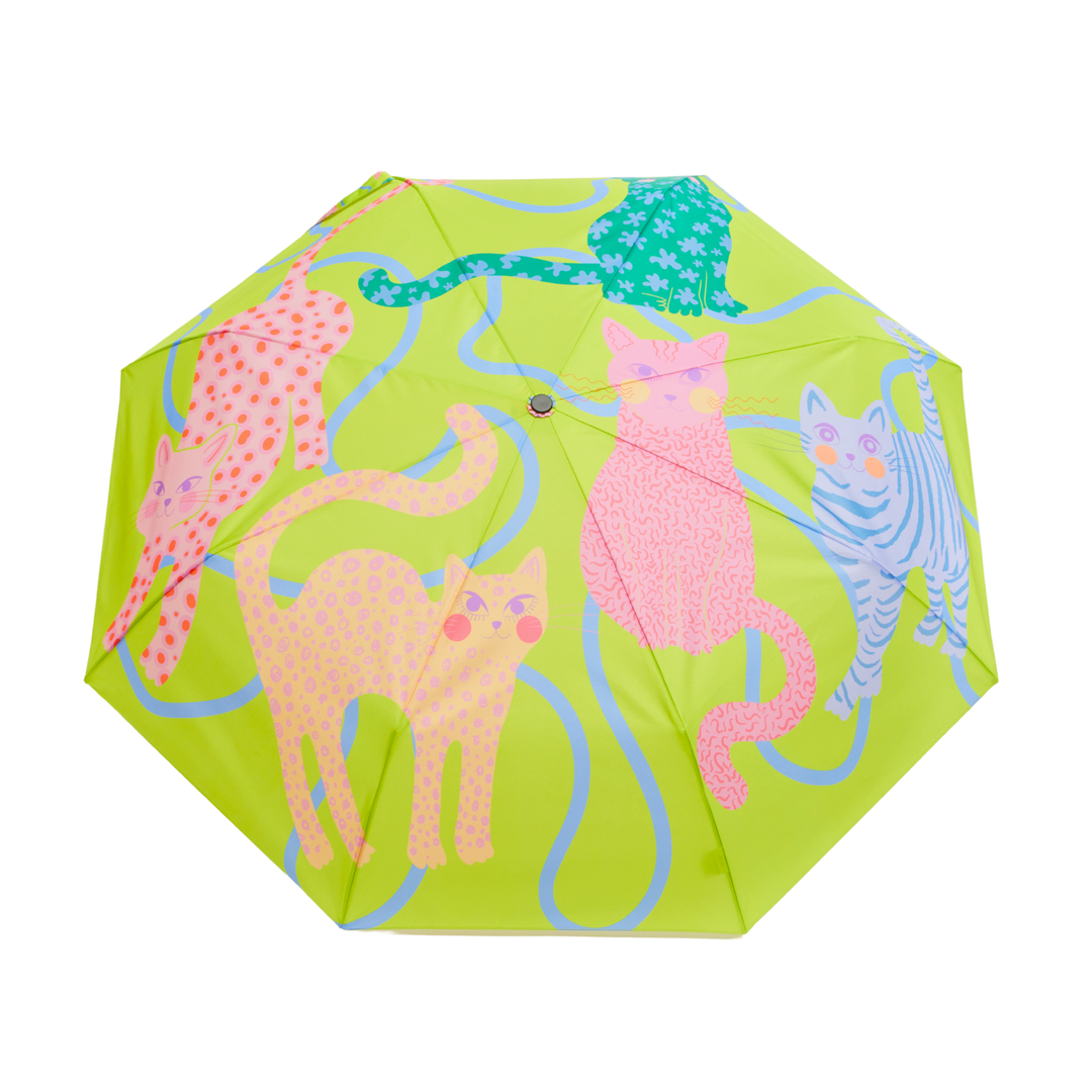 Duck Umbrella - Lime Arty Cats with colorful cat designs on a vibrant lime canopy.