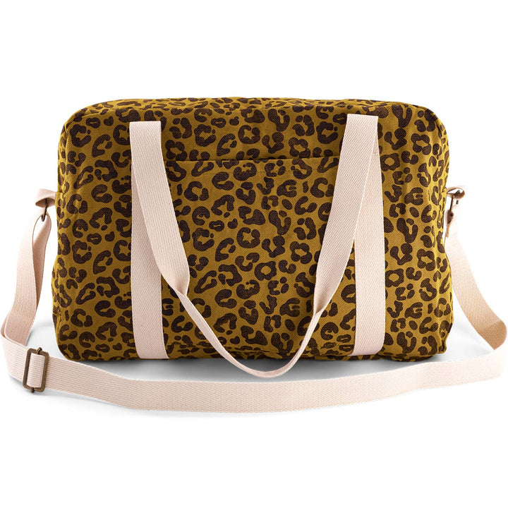 Leopard caramel print tote bag with two handles and adjustable shoulder strap, ideal for diaper or sports use.