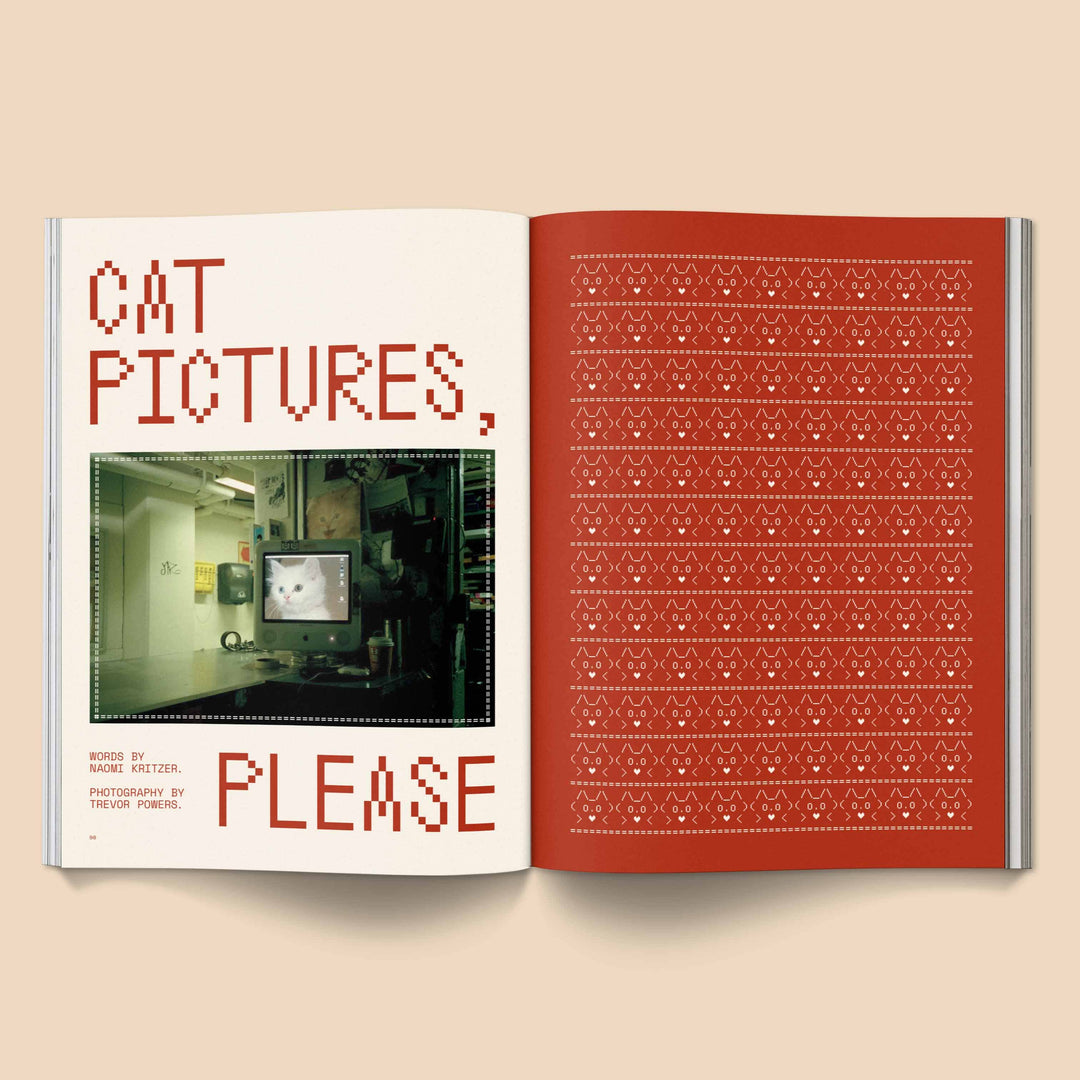 Catnip Magazine open to a "Cat Pictures, Please" article featuring an image of a cat on a computer screen.