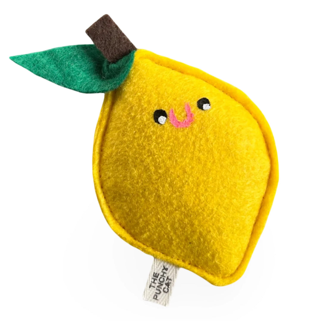 Handmade catnip lemon toy with smiley face, made from acrylic felt and organic catnip, perfect for playful cats.