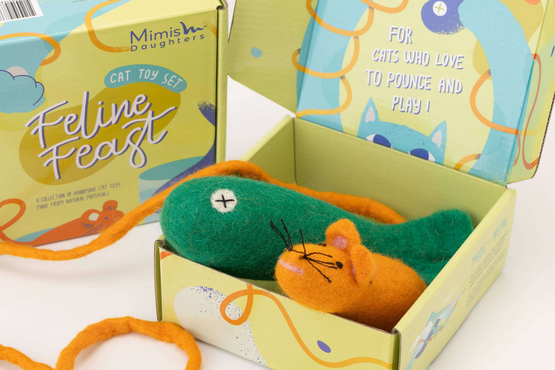 Feline Feast Cat Toy Box with felt mouse and fish toys by Mimi's Daughters, designed for playful cats.