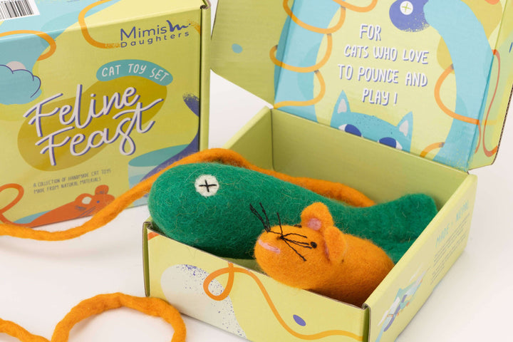Feline Feast Cat Toy Box with felt mouse and fish toys by Mimi's Daughters, designed for playful cats.
