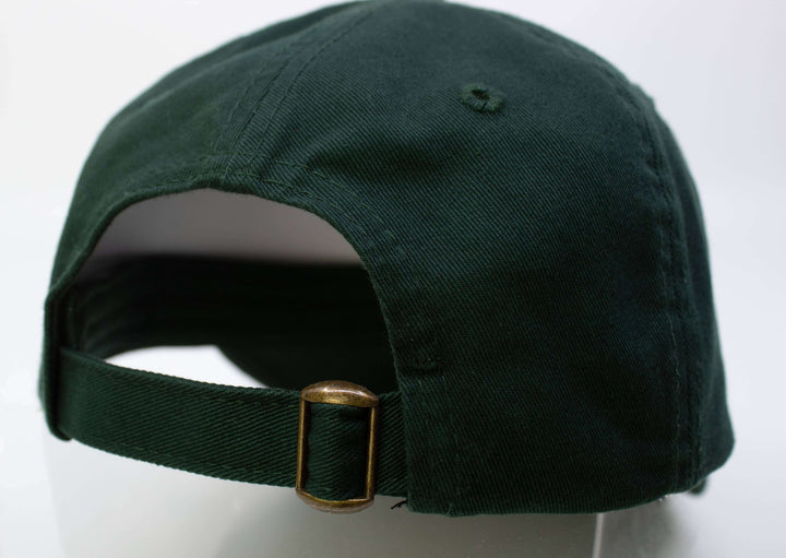 Back view of green adjustable embroidered hat featuring a metal clasp and strap for a comfortable fit.