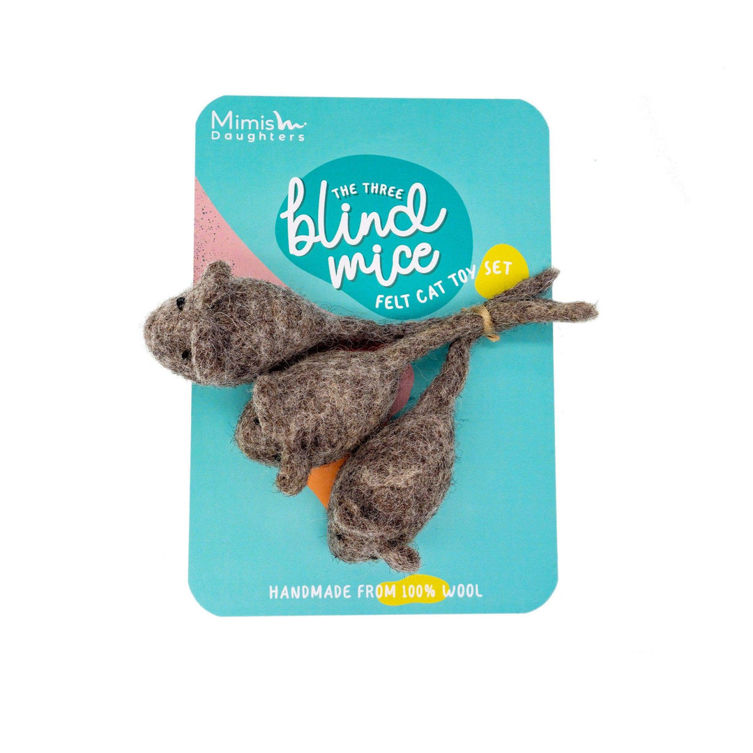 Three handmade felt cat toys shaped like mice, eco-friendly and 100% wool from Mimis Daughters.