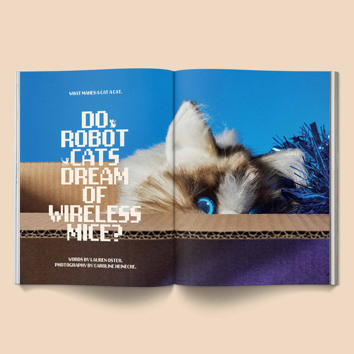 Catnip Magazine open to page titled "Do Robot Cats Dream of Wireless Mice?" with a cat peeking out of a box.