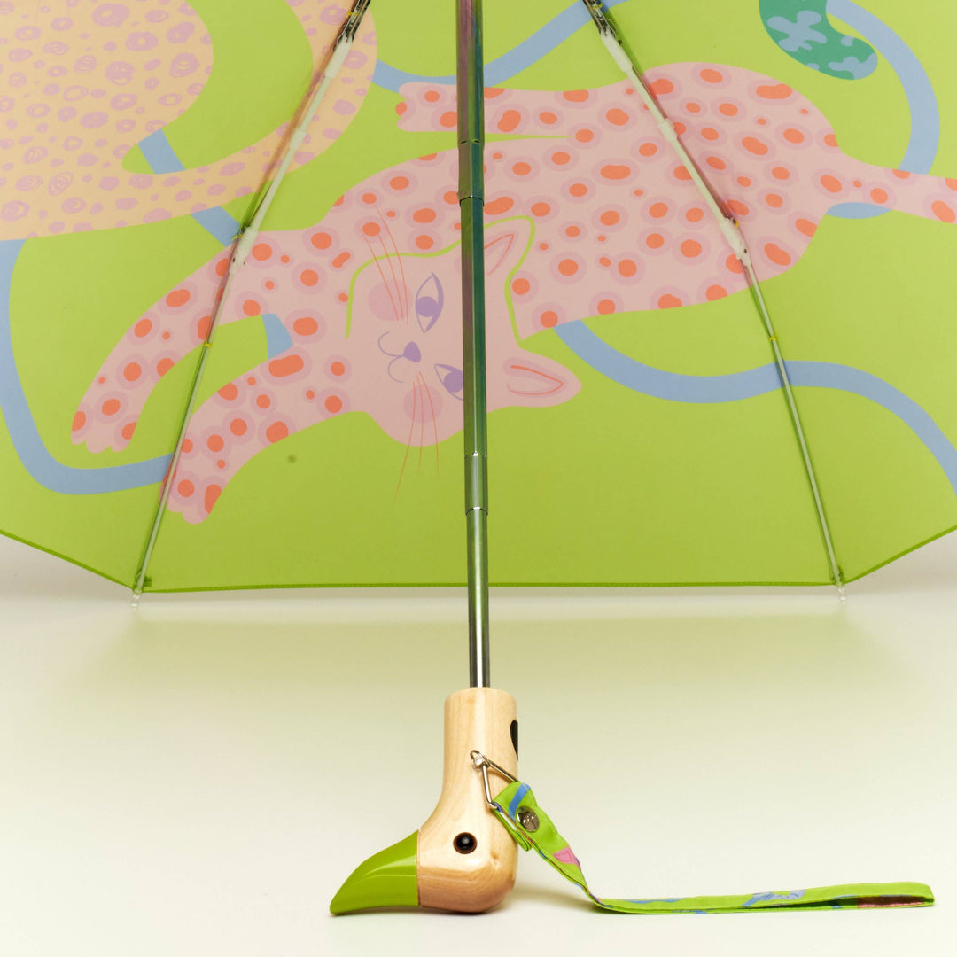 Duck Umbrella - Lime Arty Cats featuring playful cat design on eco-friendly canopy, handmade and stylish.