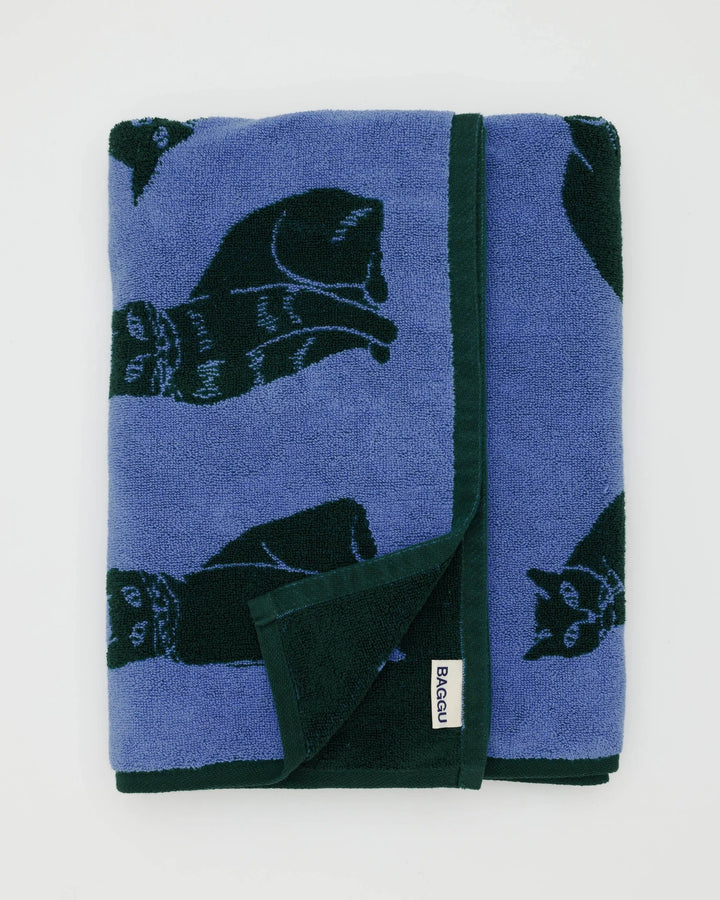 Baggu organic cotton bath towel with cat pattern, blue and dark green, soft and reversible, 60" x 30", 100% cotton terrycloth