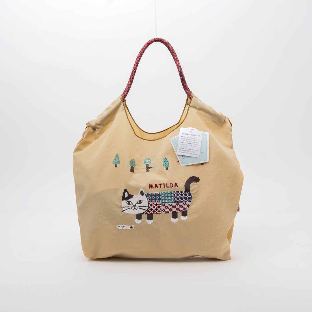 Kusuguru Embroidered Cat Nylon Shoulder Tote bag - Butter Yellow