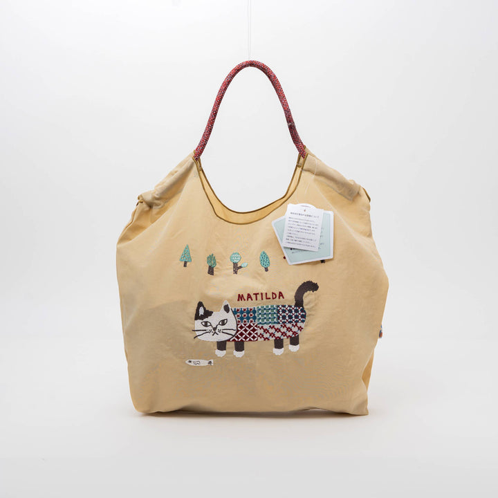 Kusuguru Embroidered Cat Nylon Shoulder Tote bag - Butter Yellow