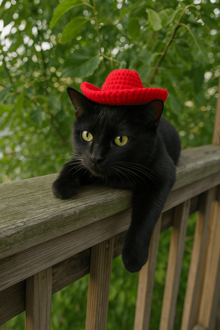 Black cat wearing a handmade red crocheted cowboy hat, lounging on a wooden railing surrounded by greenery.